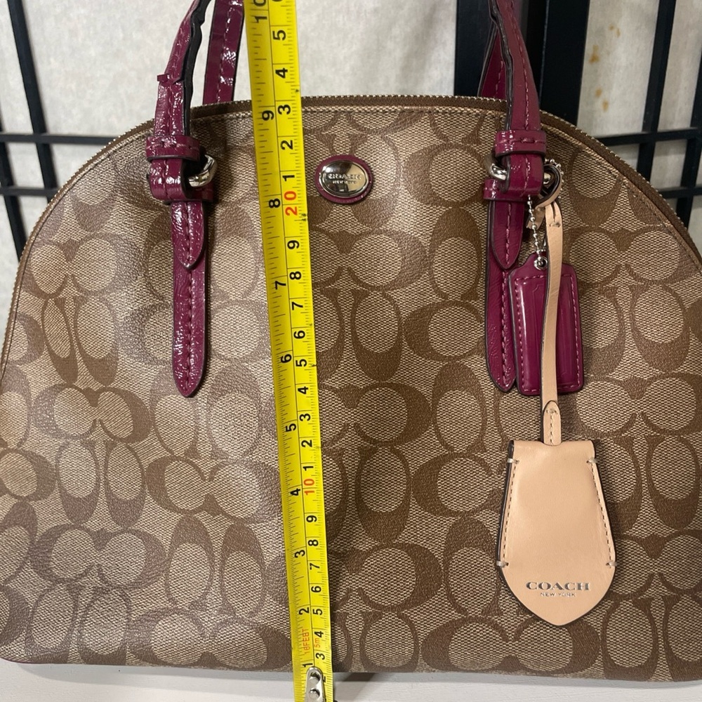 Coach Peyton Signature Cora Domed Satchel Bag Brown Coated Canvas Purple Leather - Picture 7 of 13